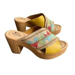 Spring Step Tribeca Slide Sandal Size 39 Yellow Leather Geo Pattern Block Heel